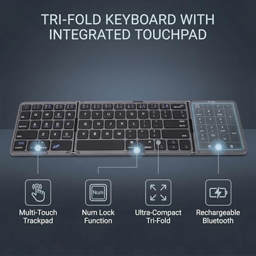 Foldable Keyboard, 2 in 1 3 Fold Wireless Bluetooth Keyboard with Touchpad and Numeric Keypad Portable Travel Rechargeable for Tablet, Laptop