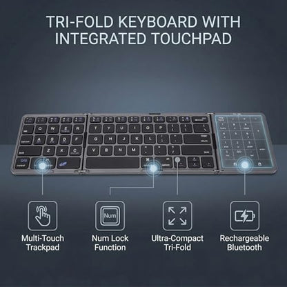 Foldable Keyboard, 2 in 1 3 Fold Wireless Bluetooth Keyboard with Touchpad and Numeric Keypad Portable Travel Rechargeable for Tablet, Laptop