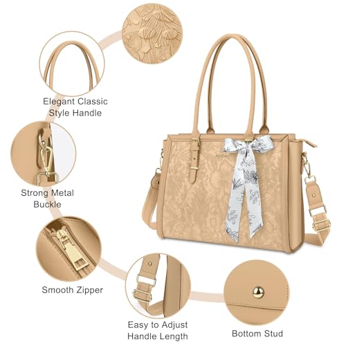 MOSISO Laptop Bag for Women, 17-17.3 inch PU Leather Tote Bag | Compatible with MacBook, HP,Dell, Front Embossed Retro Hibiscus Computer Bags with Silk Scarf&Clutch Purse, Apricot - color: Apricot, size: 17.3 inch