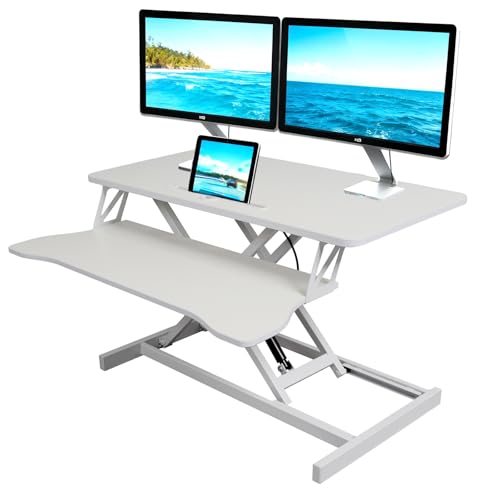Standing Desk Converter, Height Adjustable, Dual Monitor with Keyboard Tray | Wide Keyboard Tray, Sturdy Construction, Sit-to-Stand Transition, Easy Assembly Tabletop Workstation for Home & Office - color: White, size: 32"