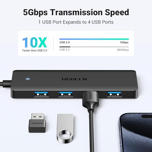 UGREEN USB 3.0 Hub, 4 Ports USB A Splitter Ultra-Slim USB Expander, 2 ft | 5Gbps Data Transfer for Mouse, Keyboard, Flash Drive, U Disk, Printer Compatible with Laptop, Desktop PC, Xbox, PS5, and More - size: ['2 feet'], style: USB-A