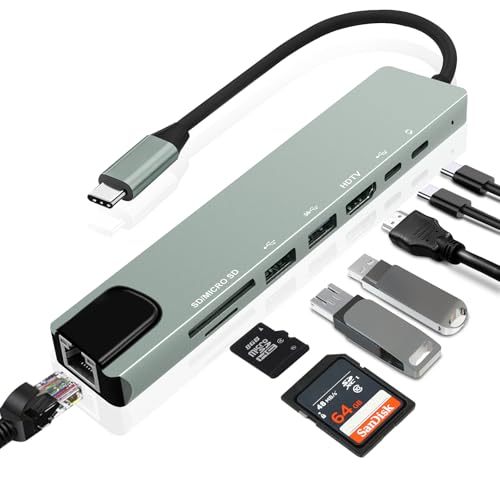 8-in-1 USB-C Hub, Multi-Port Adapter for Laptops, 4K@60Hz HDMI, 85W Power Delivery, 3X USB-A 3.0 & USB-C Data Ports, SD/TF Card Reader, for Type-C Devices (Charger Not Included)