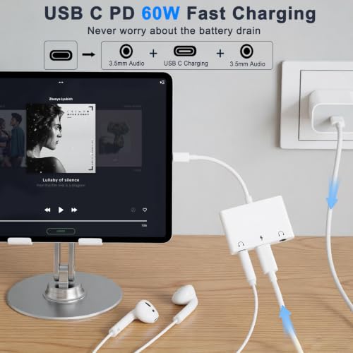 3 in 1 Headphone Adapter for iPad, Headphone Splitter for 2 Headphones | USB C to 3.5mm Jack Audio Adapter with 60W Fast Charging for iPhone 17/16/15 Pro/Max/Plus, iPad, Galaxy S26/S25/S24