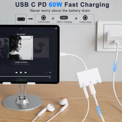 3 in 1 Headphone Adapter for iPad, Headphone Splitter for 2 Headphones | USB C to 3.5mm Jack Audio Adapter with 60W Fast Charging for iPhone 17/16/15 Pro/Max/Plus, iPad, Galaxy S26/S25/S24
