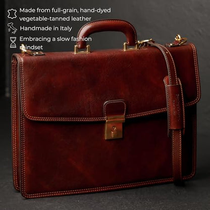 Time Resistance Leather Briefcase - Italian Handmade Leather Laptop Bag - Handbag for Men - Professional Computer Case - color: Brown