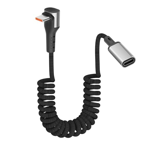 YACSEJAO 90 Degree USB C Coiled Spring Extension Cable 3.3FT, Right Angle | 60W, Nylon Braided, Type-C Male to Female Extender, E-Mark Chip Fast Charging & Data Sync, For Laptop, Phone - size: Right Angle