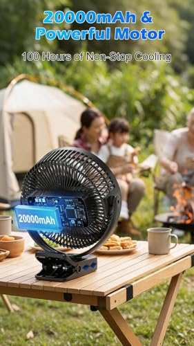 Meudeen 20000mAh Rechargeable Clip on Fan, 8 Inch Portable Fan with Timer & LED Lantern, Battery Powered Golf Cart Fan, 5 Speeds Quiet Small Desk Fan for Camping Stroller Bedroom - color: Black