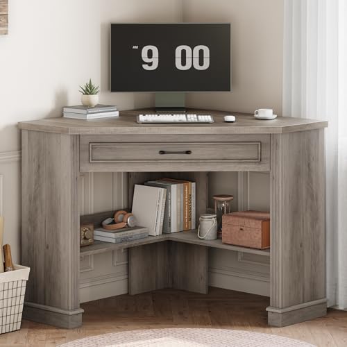 SEDETA Farmhouse Corner Desk for Small Space,Small Triangle Computer Desk | 31.5" Small Corner Desk with Drawer,Corner Computer Desk with Storage,for Home Office Living Room Bedroom,Grey - color: Grey