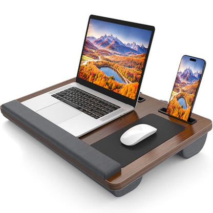 HETTHI Laptop Lap Desk, Portable Large Laptop Desk for Bed, Up to 17 in Lap Table with Wrist Rest, Mouse Pad, Tablet Phone Slot, Portable Handle, Lap Tray with Cushion (Dark Brown) - color: Dark Brown