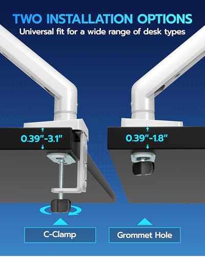 ARES WING Heavy Duty Single Monitor Arm - Fully Adjustable Monitor Mount for 17"-40" Ultrawide Screens up to 26.4 lbs with Clamp/Grommet Desk Mount and USB A/C, 75/100 Vesa Mount, White - color: White, style: With USB