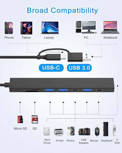 USB C Hub USB Hub 3.0 with SD Card Reader(8-in-1), USB Extender with Memory SD/Micro SD Card Reader, for Laptop, PC, MacBook, iPad Pro, iMac-Aluminum