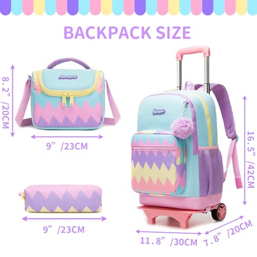 Girls Rolling Backpack for Kids Backpack with Wheels for Elementary School,Large Capacity Trolley School Bag with Lunch Box Pencil Case - color: Purple Blue