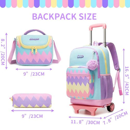 Girls Rolling Backpack for Kids Backpack with Wheels for Elementary School,Large Capacity Trolley School Bag with Lunch Box Pencil Case - color: Purple Blue