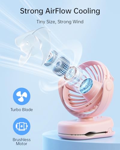 SWEETFULL Portable Clip on Fan - Mini Personal Fan with - Pink | Strong Clamp, 3 Speeds, 11Hrs Cooling, Cute Small Desk Cooler for Stroller Bed Pet Carriers Umbrell Travel Outdoor