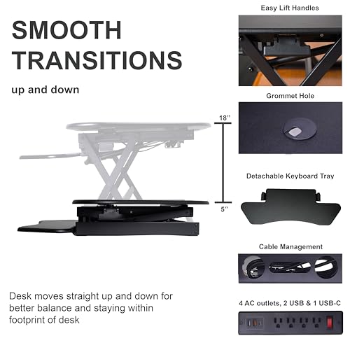 Rocelco 46" Height Adjustable Corner Standing Desk Converter with AC Outlet and USB Charger - Sit Stand Up Dual Monitor Tabletop Riser Workstation - Large Keyboard Tray - Black (R CADRB-46-ACUSB) - color: Black+acusb, style: Riser Only