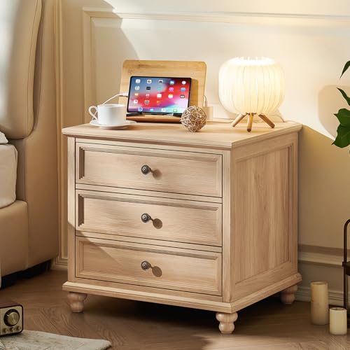 Joaxswe Farmhouse Nightstand with Charging Station, 24" Wide End Table with 3 Drawers,Natural Wood Dresser for Bedroom, Bed Side Table Chest of Drawers Cabinet,Night Stand for Living Room, Closet - color: Natural, size: 19.76"D x 24"W x 22.91"H (3 Drawers