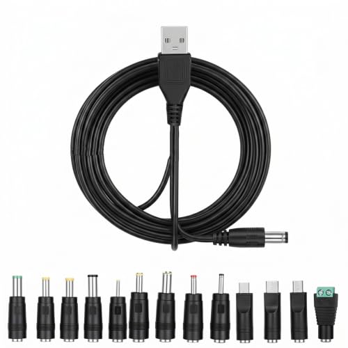 DC 5V Power Cord USB to DC Power Cable Universal | DC 5.5x2.1mm Cable with 13 Connectors for Router LED Light Mini Fan Speaker and More 5V Devices