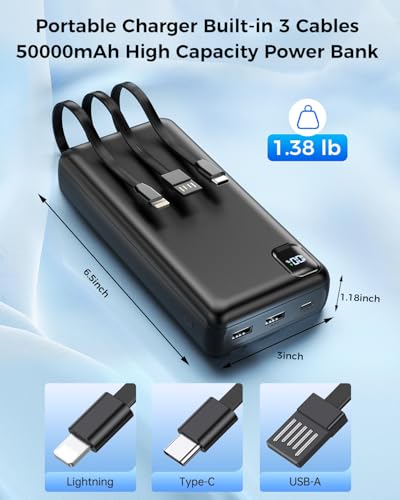 50000mAh Portable Charger, PD 22.5W Fast Charging Power Bank with Built in Cables, USB-C External Battery Pack for iPhone 17 16 15 14 Samsung Pixel Android iPad