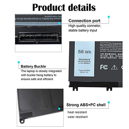 56WH 33YDH Laptop Battery for Dell Inspiron 17 7000 7778 7779 7786 7773 17-7779 2-in-1 15 7577 G3 3579 3779 G5 5587 G7 7588 Latitude 13 3380 14 3490 15 3590 3580 99NF2 81PF3 PVHT1 P30E - size: 33YDH