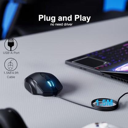 Uineer Wired Mouse, USB-A Computer Mouse with 6 Buttons,Adjustable | Plug-and-play USB-A wired connection with 6 programmable buttons, 7200 DPI and a 1.5 m cable. - color: black