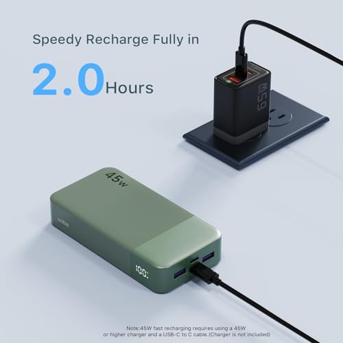 NOBIS Portable Charger 45W 20000mAh Power Bank Fast Charging | 2C+2A Battery Pack with C to C Cable, Battery Bank with Digital Display for iPhone Android Laptop etc - color: Green