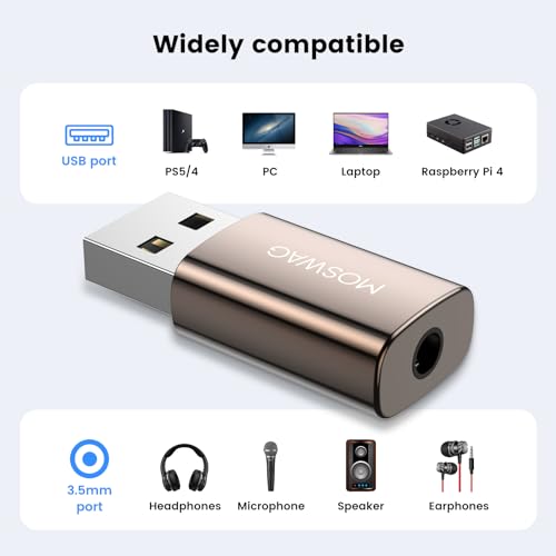 MOSWAG 2 Pack USB to 3.5mm Jack Audio Adapter, External Stereo Sound Card | Smart Sound Chip, Mini Size USB to Audio Aux Adapter TRRS Female Headset for PS5/PS4, Headphone, Mac, Linux, Laptop, Desktops - size: 2 Pack
