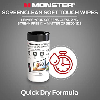 Monster ScreenClean Soft Touch Screen Cleaning Wipes, Electronics Cleaner for Phones, Tablets, Laptops, Monitors & TVs, Pre-Moistened Screen Wipes, 70 Count