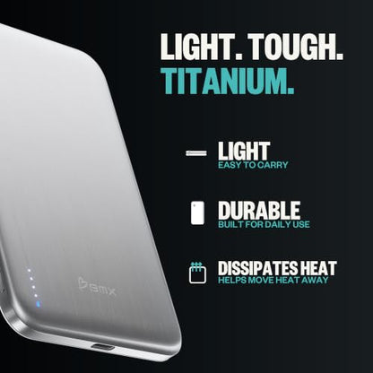 BMX Air Semi-Solid Power Bank, 5000mAh Qi2 (Silver) | World's thinnest semi-solid 5000mAh at 6.8mm; semi-solid-state safety; MagSafe-compatible 15W Qi2; 20W USB-C; titanium shell - color: Silver
