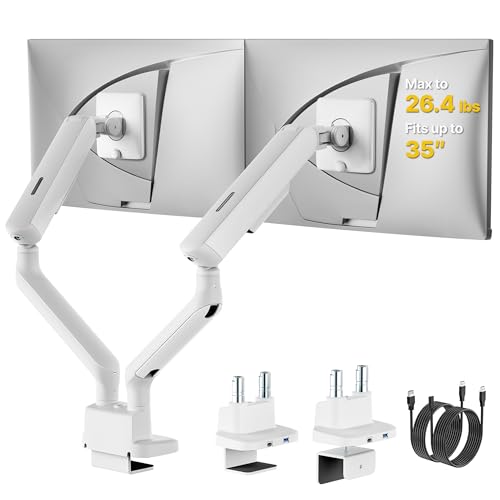 monTEK Mechanical Spring Dual Monitor Arm with USB for 27 32 34inch Screens | White, Built-in One-Way Bearing, Holds 26.4 lbs, VESA 75/100mm, C-Clamp/Grommet Base & Cable Management, Office, Home, Game - color: White, size: with USB