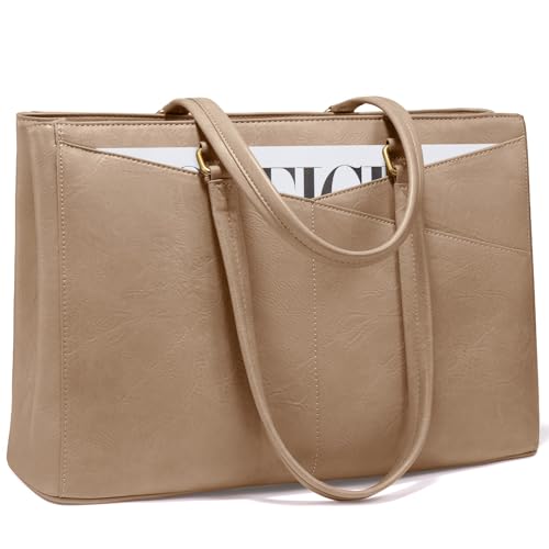 LOVEVOOK Laptop Bag for Women,15.6 Inch Laptop Tote Bag for Women,Vintage Leather Work Tote Bags Computer Business Teacher Bag,Waterproof Office Briefcase - color: Tukhaki, size: 15.6 inch