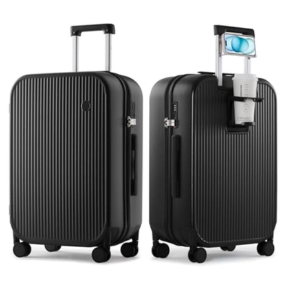 mixi Checked Luggage with Cup Phone Holder Hard Shell Rolling Travel Suitcases with Spinner Wheels,24 Inch Black - color: Black, size: 24-inch
