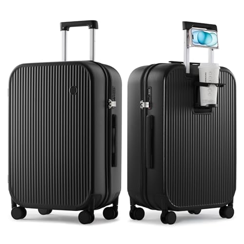 mixi Checked Luggage with Cup Phone Holder Hard Shell Rolling Travel Suitcases with Spinner Wheels,24 Inch Black - color: Black, size: 24-inch
