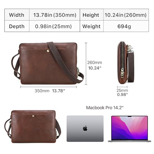Top Grain Leather 14.2" Slim Laptop Bag Case, Handmade, Adjustable Strap & 2 Pockets, Compatible with MacBook Pro 14 inch 2021 2022 M1 Pro/M1 Max A2442 & Other PC, Red Coffee 14.2 Inch - color: #5【Adjustable Strap】-Red Coffee-2 Pockets, size: 14.2" - Fits