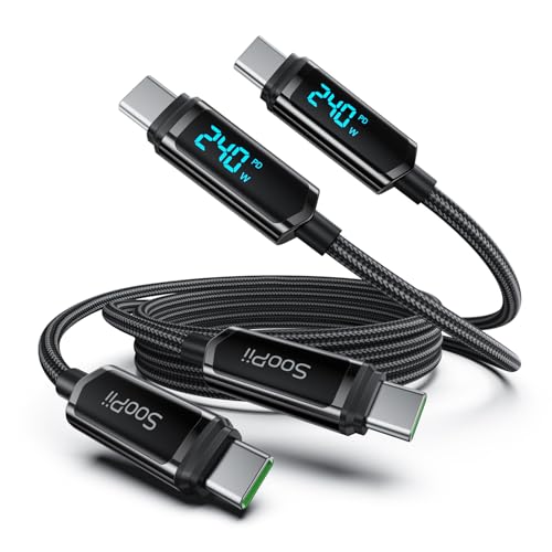 SOOPII USB C to USB C Cable [4ft/2Pack], 240W USB C Cable,Nylon Braided Type C Fast Charging Cables with LED Display for lPhone 16/15 Pro Max, Galaxy S25/S24, MacBook Pro/Air, iPad, Laptop,Black - color: Black, size: 4 Feet (2-Pack) 240W