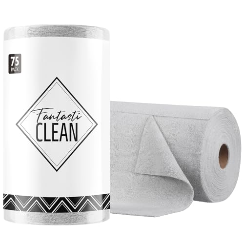 Fantasticlean Microfiber Cleaning Cloth Roll- 75 Sheets, 12" x 12" (Grey) | Super Absorbent, Lint-free, Tear-away Microfiber Towel Roll, for All-Purpose Cleaning, Reusable Alternative to Paper Towels