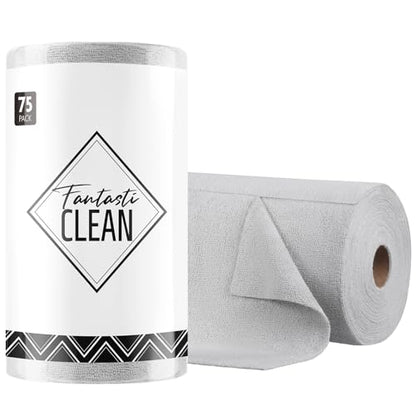 Fantasticlean Microfiber Cleaning Cloth Roll- 75 Sheets, 12" x 12" (Grey) | Super Absorbent, Lint-free, Tear-away Microfiber Towel Roll, for All-Purpose Cleaning, Reusable Alternative to Paper Towels