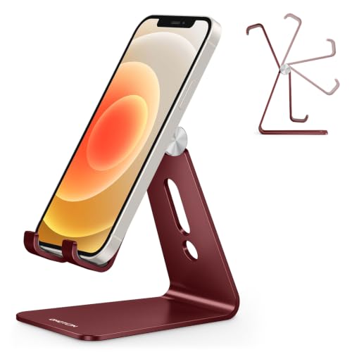 OMOTON C2 Adjustable Cell Phone Stand with Charging Cutout, Cherry Red | Sturdy 3mm Aluminum, Charging Port, 270° Adjustable, Non-Slip Silicone Pads, Works with Thick Cases, for All Smartphones - color: Cherry Red