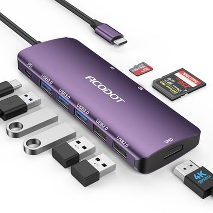 USB C Hub, 9-in-1 Multi-Port USB Adapter, 4K@60Hz HDMI, 100W Max PD, 3 USB3.0(5Gbps) + 2 USB2.0 Data Ports, SD/TF Card Reader for MacBook, iPad Pro, Dell, HP, Lenovo, Windows Laptop, Purple - color: Purple
