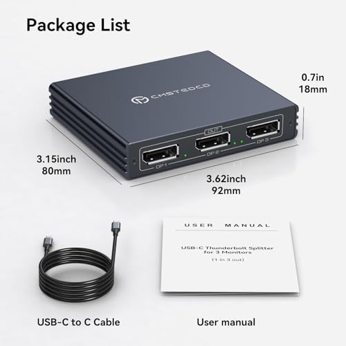 USB C to DisplayPort Splitter 4K@60Hz DisplayPort MST Hub for Triple Monitors with 100W PD Supports Extended Mirror Mode (Mac OS Only Mirror) Compatible with Thunderbolt 3/4/5 Laptops Windows