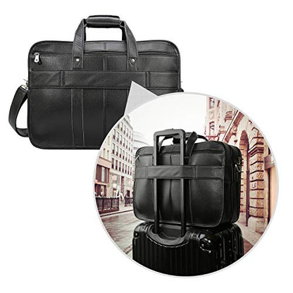 Men's Full Grain Leather Briefcase Large 17 Inch Business Travel Laptop Messenger Bag Tote with YKK Metal Zippers - color: Black