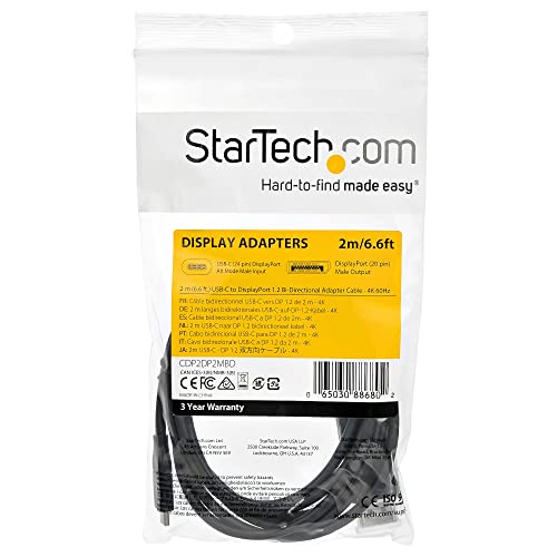 StarTech 6ft USB-C to DisplayPort 1.2 Cable, 4K 60Hz, HDR, Bidirectional | Bidirectional for Windows and Apple M1/M2/M3/M4, USB4 Thunderbolt, Laptop to DP monitor or DP host to display, 21.6Gbps, HBR2 - size: 6.6 ft
