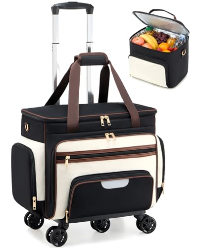 Amythe Rolling Teacher Tote Bag with Lunch Box, Accordion Organizer, 5-Wheel Laptop Bag, 15.6" Laptop Compartment Work Bag - color: Black