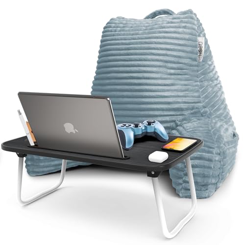 Nestl Stone Blue Reading Pillow with Bed Desk for Laptop and Writing, Luxe Cut Plush Back Pillow for Sitting Up, Back and Arms Adjustable Support for Adult and Teens, Foldable Lap Desk for Bed 22x14” - color: 07- Stone Blue, size: Standard 18"