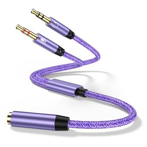 ABCPOW Headphone Mic Splitter for Computer PC Laptop, 3.5mm Female to 2 Dual Male Microphone Y Splitter Cord Aux Splitter 1 in 2 Out Audio Stereo Jack Earphones Port Cord Gaming Headset Adapter - color: Purple