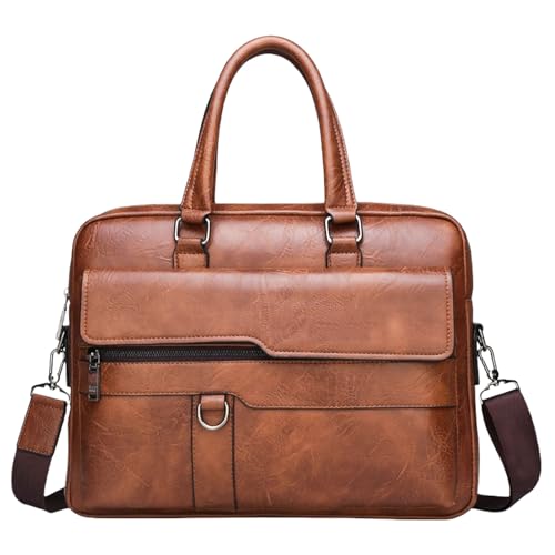 Men's Leather Laptop Bag 15 IN, Water-Resistant Briefcase Messenger Bag for Work, Business, Shoulder Crossbody Office Satchel - color: Deep Khaki