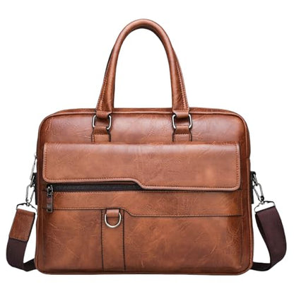 Men's Leather Laptop Bag 15 IN, Water-Resistant Briefcase Messenger Bag for Work, Business, Shoulder Crossbody Office Satchel - color: Deep Khaki