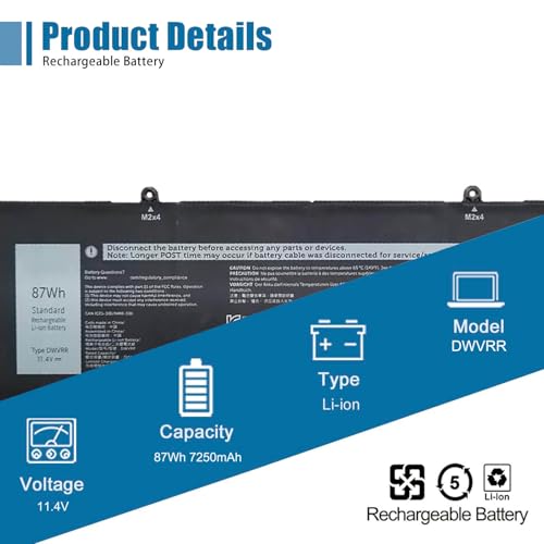 DWVRR Laptop Battery Replacement for Dell Alienware X15 R1 NAWX15R101 Series Notebook 817GN 11.4V 87Wh 7250mAh - size: 12.82*3.45*0.24 inch DWVRR