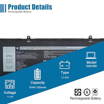 DWVRR Laptop Battery Replacement for Dell Alienware X15 R1 NAWX15R101 Series Notebook 817GN 11.4V 87Wh 7250mAh - size: 12.82*3.45*0.24 inch DWVRR