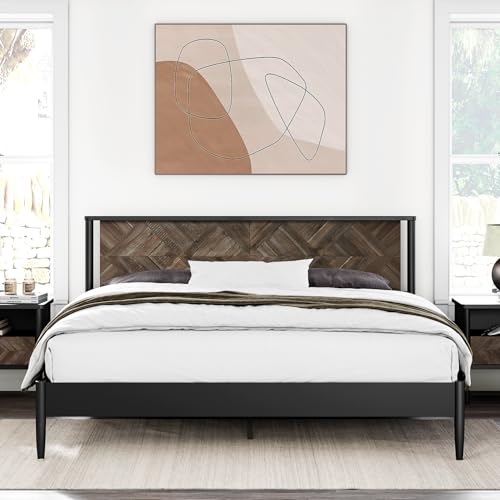 Howizz Lenia Solid Wood Queen Bed Frame with Headboard, Mid Century Modern Rustic Farmhouse Style, Chevron Diamond Pattern, Solid Acacia Wood Platform Bed, Queen Size, Mocha Black, Wood Slat Support - color: Mocha Black, size: Queen Bed Frame