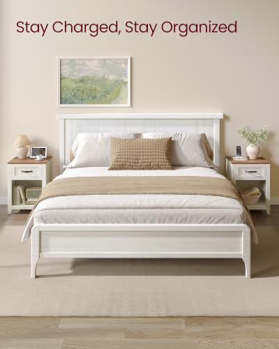 VASAGLE LIRY Collection - Farmhouse Nightstands with Charging Station, Set of 2 Bedside Tables, Side Tables with Drawer, Open Compartment, for Bedroom, Rustic White and Honey Brown ULET859K41 - color: Rustic White + Honey Brown, size: 2 PACK, style: 17.7"